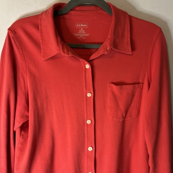 LL Bean Coral Pink Button Down Blouse Top Size Large 100%Cotton Jersey Material - Picture 2 of 10